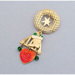 Vintage Lantern Christmas Christmas Eve Heart Gold Tone Holliday Brooch - C1